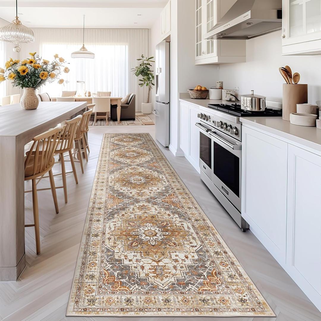 Madane Runner Rugs for Hallway 2x10 Long Washable Non-Slip Hallway Runner Rug Low-Pile Stair Kitchen Runner Throw Carpet for Entrance Living Dining Laundry Room (Turmeric/Grey, 2 x 10)