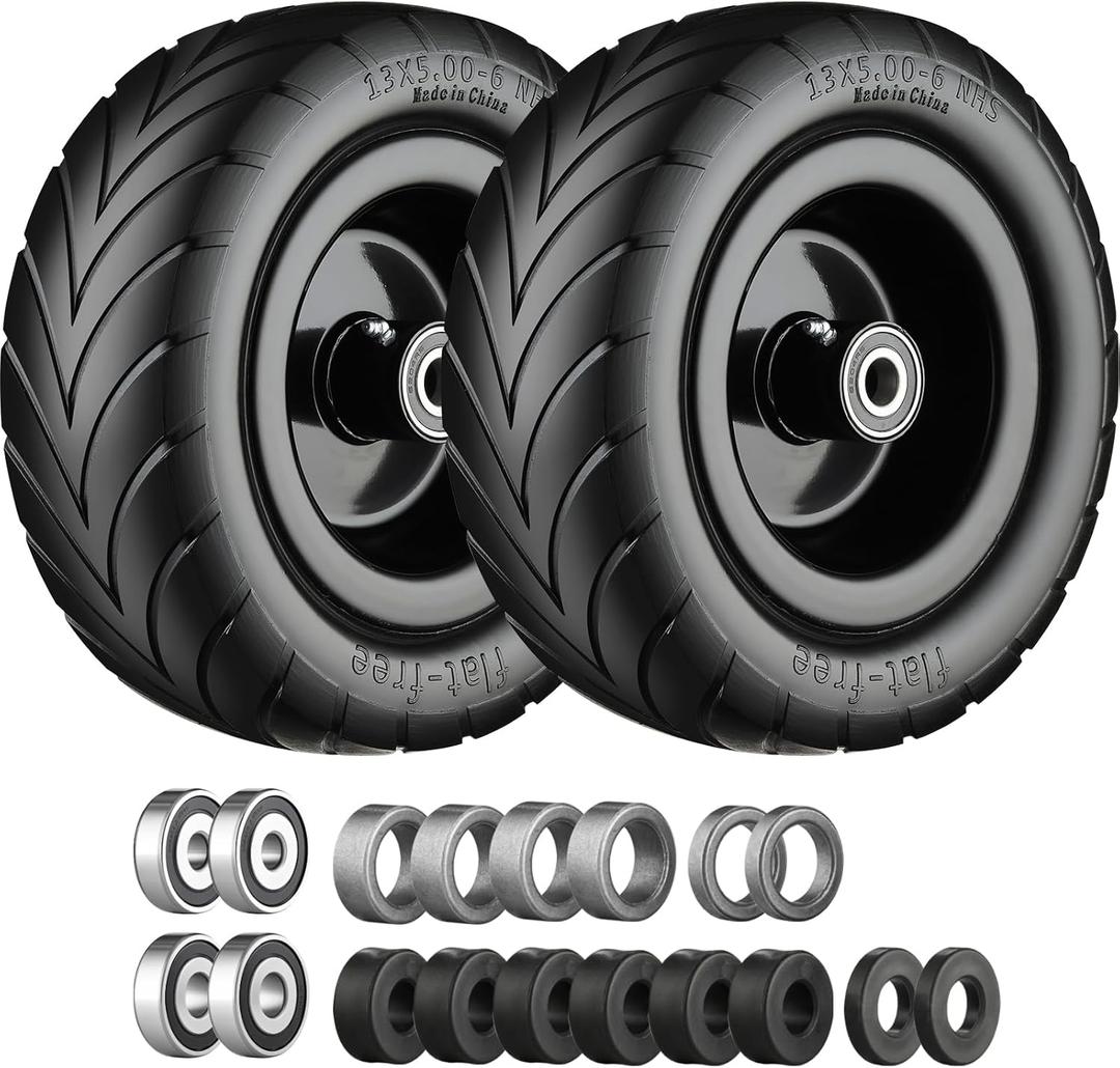 13x5.00-6 Flat Free Tire and Wheel,Zero Turn Mower Front Tires with 3/4", 5/8" and 1/2" Bearings, Compatible with Lawn Mower or Garden Tractor Black Rim -2Pack