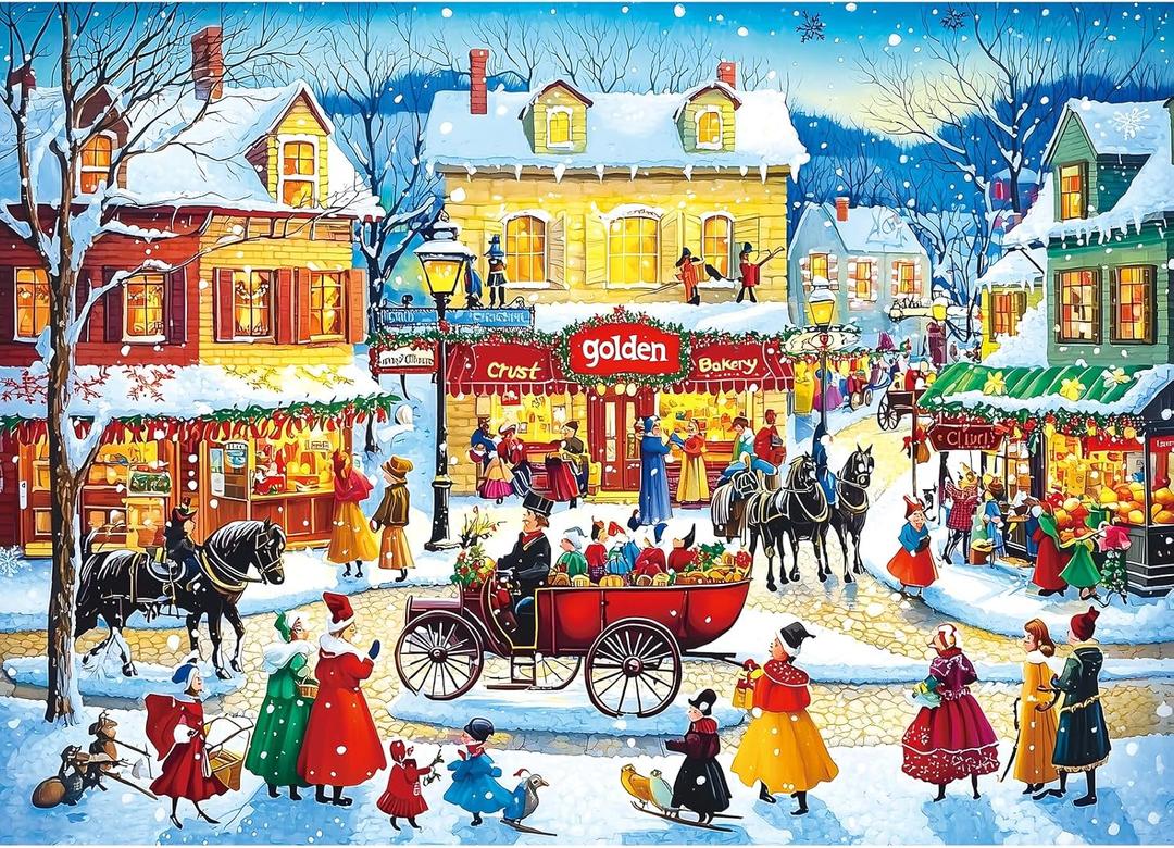 Winter Holiday Scene Jigsaw Puzzle 1000 Pieces for Adults, Colorful Christmas Village Snow Landscape, Family Entertainment