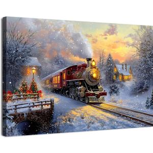Christmas Wall Art Vintage Red Train Wall Decor Christmas Tree Prints Picture Rustic Farmhouse Paintings Retro Sunset Country Scenic Cottagecore Artwork for Living Room Bedroom Home Decorations 12x16"