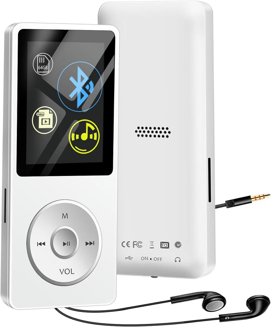 Bluetooth MP3 Player with 64GB TF Card, Skybess MP3 Music Players with Speaker, Mini MP3 Media Player with Video/FM Raido/Alarm/Shuffle Playback, up to 128GB Memory Storage, Including Earphones