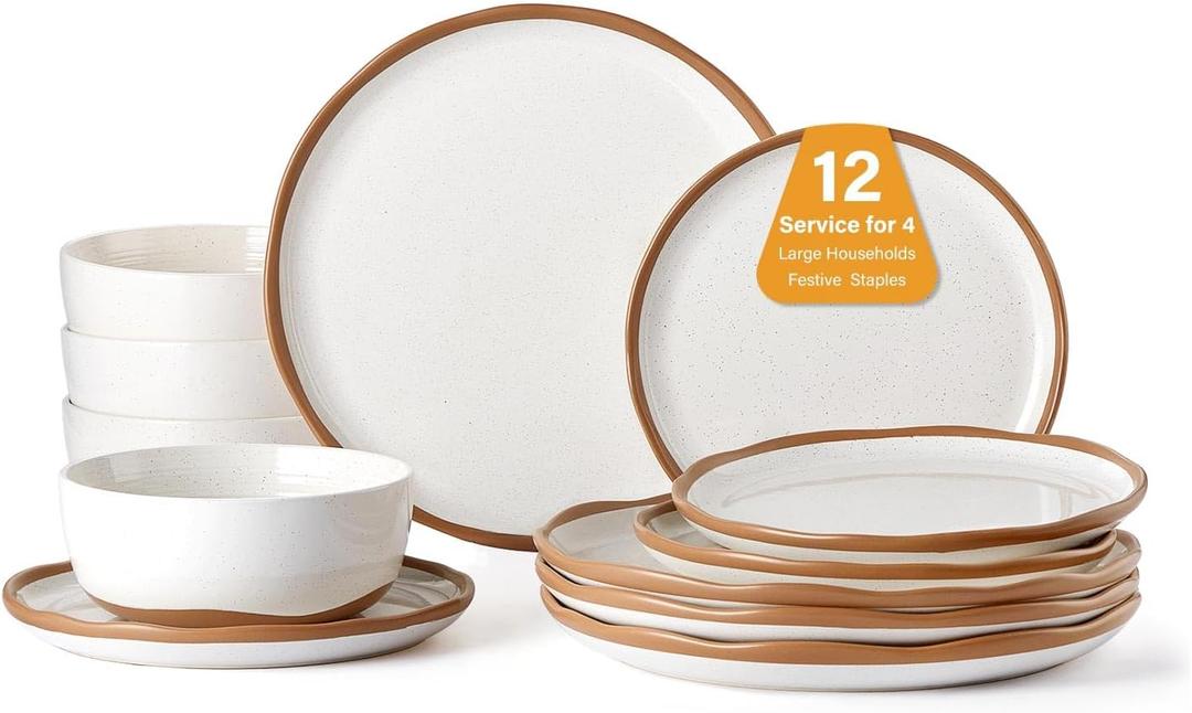 Lareina Plates and Bowls Set, 12 Pieces Farmhouse Ceramic Dinnerware Sets, Scratch Resistance, Dishwasher Microwave Safe, Vanilla White (Service for 4-12Pcs)