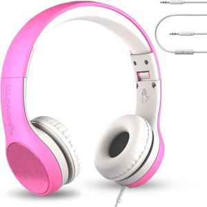 LilGadgets Connect+ Style On-Ear Kids Headphones with Microphone - SharePort Technology, SoftTouch Padding, Detachable Cable, Volume Limiting, Durable & Adjustable - Pink