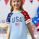 Girls 4th of July USA Shirt American Flag Patriotic T-Shirt Independence Day Outfit for Kids 5-14Years (Blue)