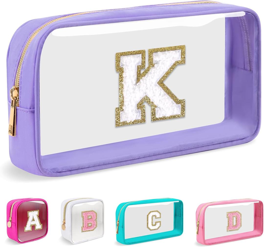 Small Clear Personalized Initial Makeup Bag, Nylon Preppy A-Z Chenille Letter Patch Cosmetic Pouch Beach Toiletry Bag, Waterproof Zip Travel Purse Storage Bag Organizer for Women Girls(Purple-White K)