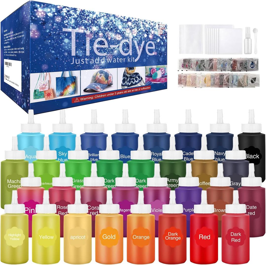 Tie Dye Kit 32 Color All-in-one Clothing Dye Kit, Permanent Fabric Dye Kit for Kids, Adults, Large Group Handmade Party Activity, DIY Bright Neon Tye Dye Kit