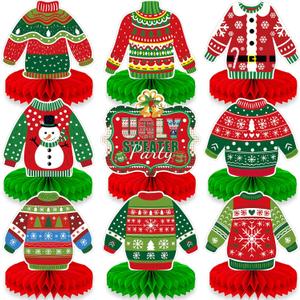 9 Pieces Ugly Christmas Sweater Honeycomb Centerpieces Table Decor, Holiday Party Table Toppers Ornaments Signs, Fun Xmas Sweater Party Decorations