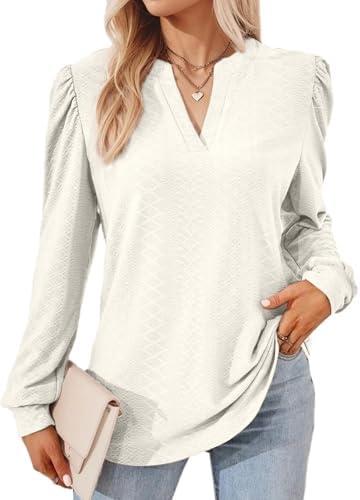 Dokotoo Womens Spring Fashion 2025 Long Sleeve Tops Dressy Casual Blouses Trendy V Neck Puff Sleeve Shirts Business Outfits S