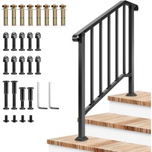 VIVOSUN Outdoor Handrail, 3 Step Stair Handrail, 40" x 36" Fits 1 to 3 Steps, Wrought Mattle Iron Stair Railing with Curved End and Balusters for Concrete Step, Porch Steps, One-Step Assembly, Black