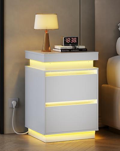 WLIVE White Nightstand with Charging Station and LED Lights, Bedside Table with 2 Wooden Drawers and Sliding Top, Modern End Table Side Table for Bedroom, Living Room, Office
