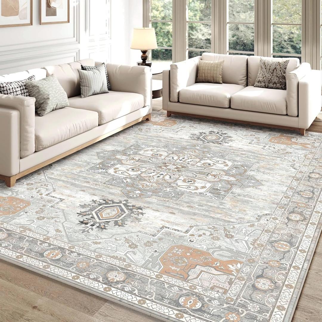 6x9 Washable Area Rug for Living Room, Non-Slip Soft Boho Vintage Medallion Carpet, Low Pile Distressed Rugs for Bedroom, Dining Room, Home Office, Dorm, Indoor Decor, Taupe Brown