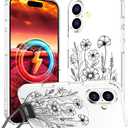 Compatible with iPhone 16 Plus Case Magsafe Clear,Magnetic Transparent Designer Cute Silicone Phone Cover Cases for Women - Black Flowers Line Art