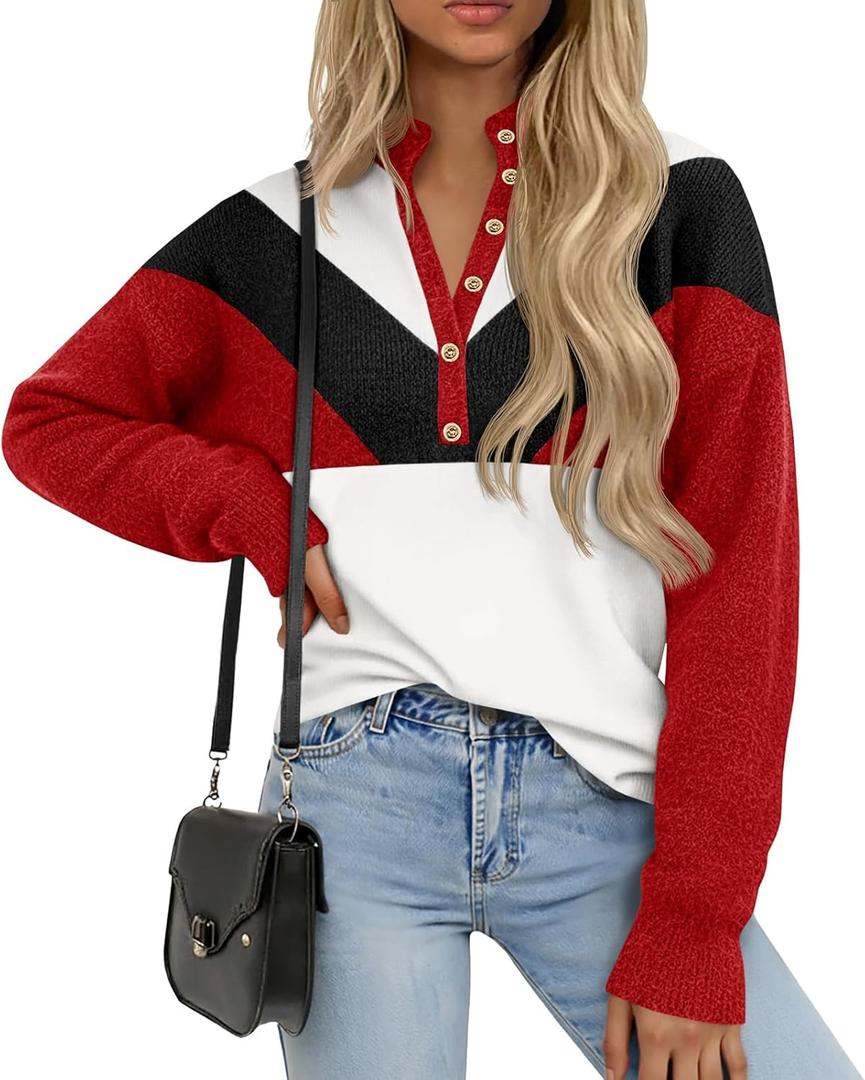 Saodimallsu Womens Color Block Sweaters Mock Neck Button Long Sleeve Knit Henley Shirts Loose Casual Pullover Tops (Medium, Red)