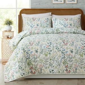 100% Cotton Quilt Set King Size Bedspreads Lightweight Coverlet Sets 3 Pcs Garden Style Floral Bedding Set with Pillowcases for All Season, Exquisite, Ultra Soft