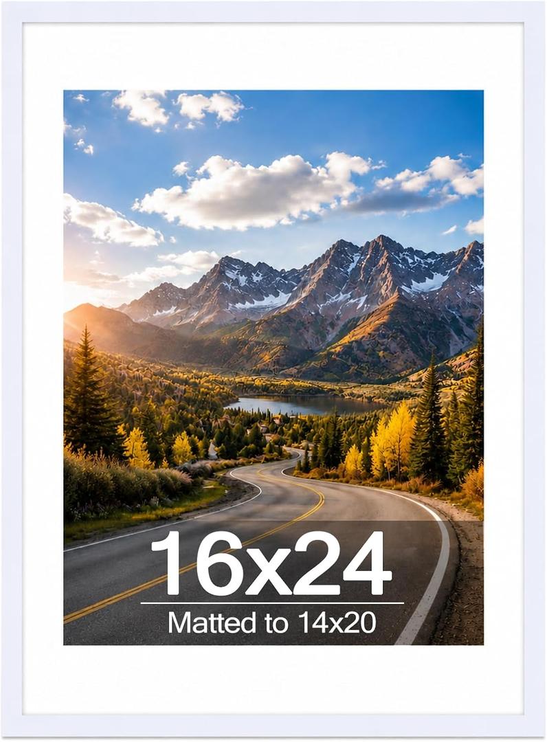 Wood 16x24 Picture Frame with 14x20 Mat White, Display 14x20 with Mat or 16x24 Without Mat, Wood 16 by 24 Photo Frame, 16 x 24 Frame for Wall Hanging Display, White