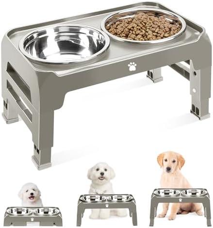 Elevated Dog Bowls 3 Height Adjustable Raised Bowl Stand with 25oz Stainless Steel Dog Food Bowls Anti-Slip for Small Dogs Adjusts to 7.5", 6", 2.75", Grey
