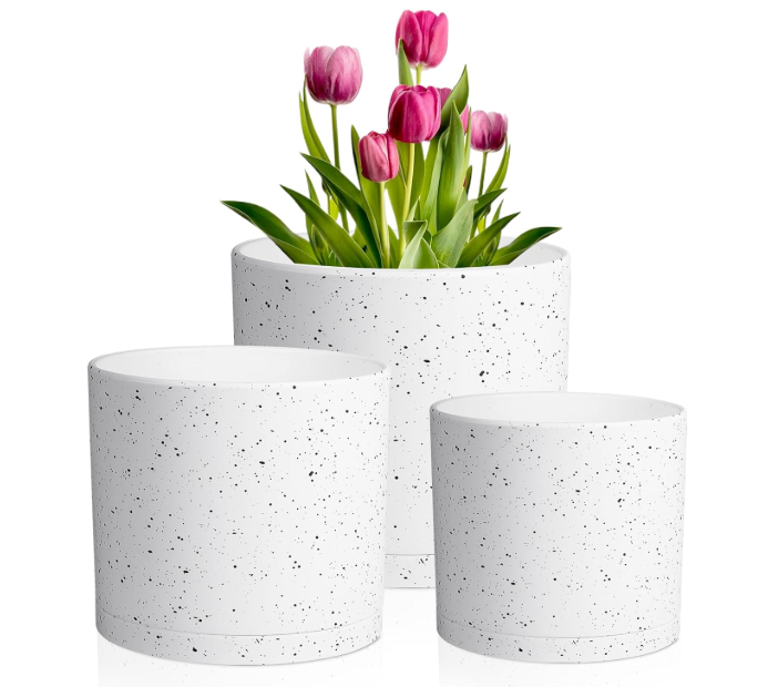 Meowell 8/7/6 inch Flower Pots, 3 Set Cylindrical Plant Pots for Outdoor Indoor Plants, Decorative Plastic Planters with Drainage Holes and Saucers for Garden House Plants, White with Black Speckles