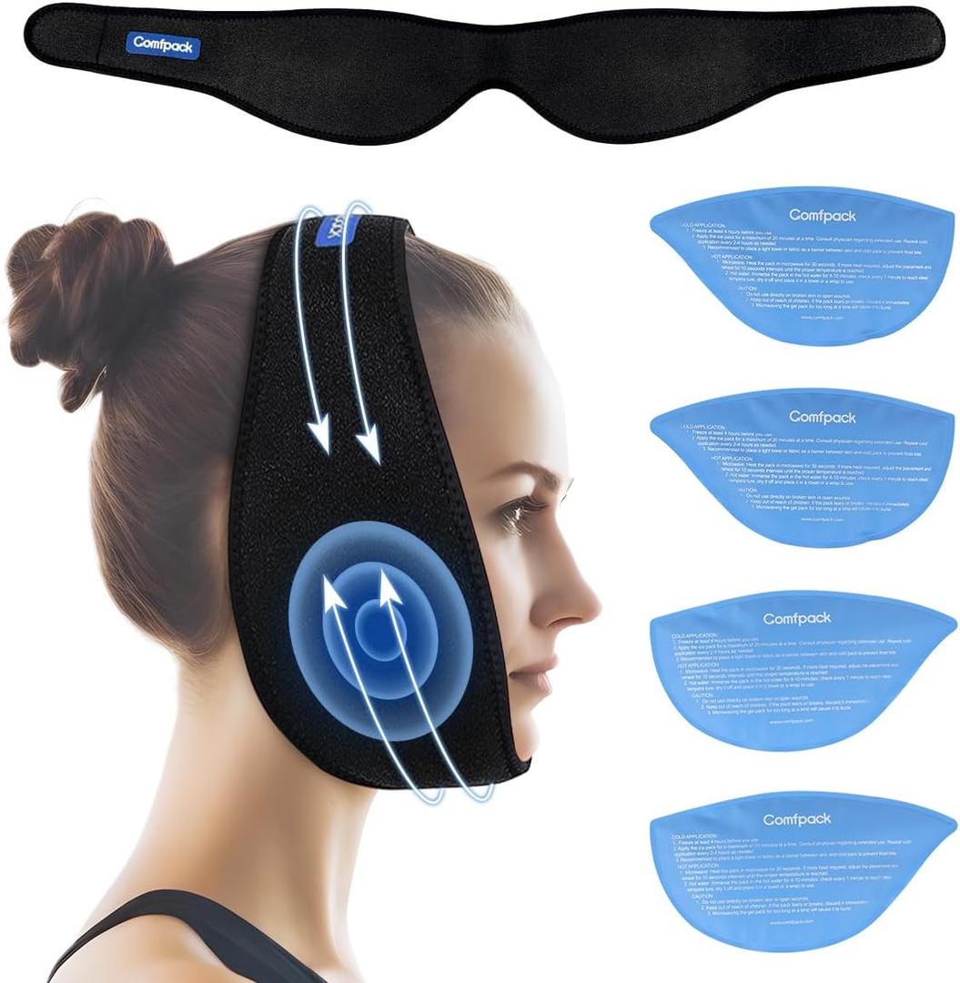 Wisdom Teeth Ice Pack Head Wrap After Surgery, 4 Reusable Hot & Cold Therapy Gel Ice Packs for Face Swelling, TMJ, Chin, Oral Pain, Facial Surgery, Jaw Pain, Black