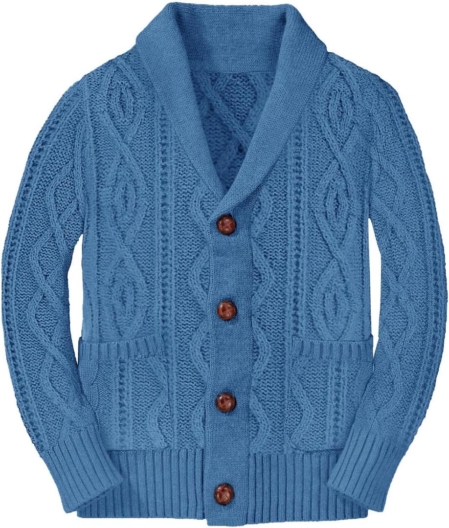 Boy's Sweater Cardigan Button Down Shawl Collar Cable Knitted Outwear Long Sleeve Sweater Coats with Pockets (7-8 Years, Blue)