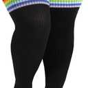Moon Wood Plus Size Thigh High Socks for Thick Thighs- Womens Knit Cotton Extra Long Over the Knee High Socks Leg Warmer (Black & Rainbow)