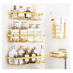 Liuoud 5 Pack Shower Caddy Organizer Rack Shelf for Inside Shower, Self Adhesive Wall Storage Basket Rustproof Stainless Steel Shampoo Holder Bathroom Accessory Decor Set, Gold