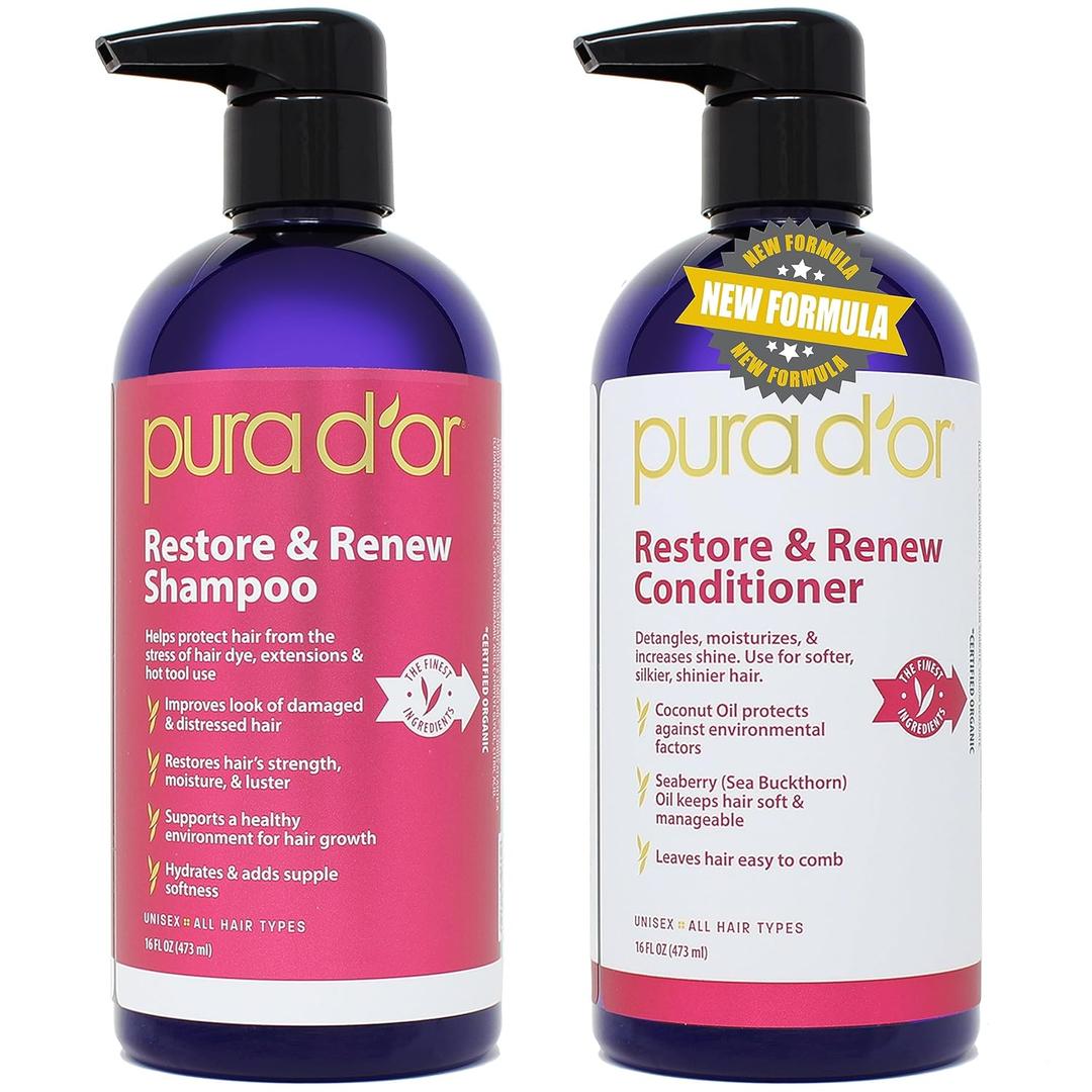 PURA D'OR Restore Shampoo and Conditioner Set for Strong, Healthy, and Nourished Hair with Organic Aloe Vera, Rosemary, Sea Buckthorn, Cacay, Coconut, Seaberry & Cedarwood