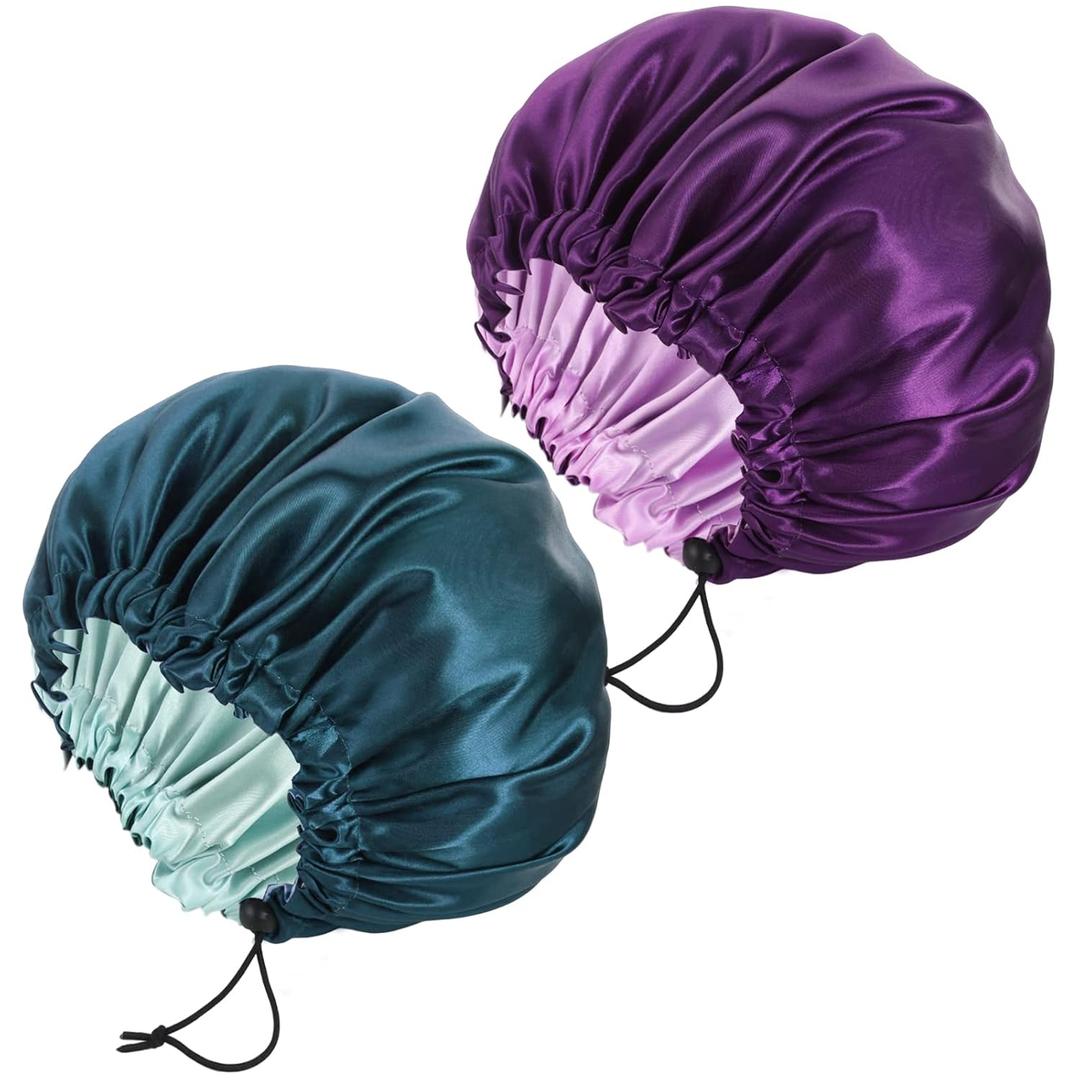 2 Pack Satin Bonnet for Sleeping, Adjustable Double Layer Satin Cap for Natural and Curly Hair (Purple+Lilac, Peacock Blue+Light Green)