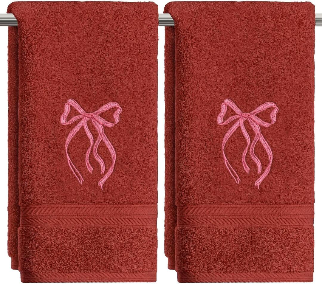 Artoid Mode 2 Pcs Red Bowknot Embroidered Hand Towels for Bathroom, 100% Cotton Soft Absorbent Farmhouse Decor Towels, 13.7 x 29.5 Inch