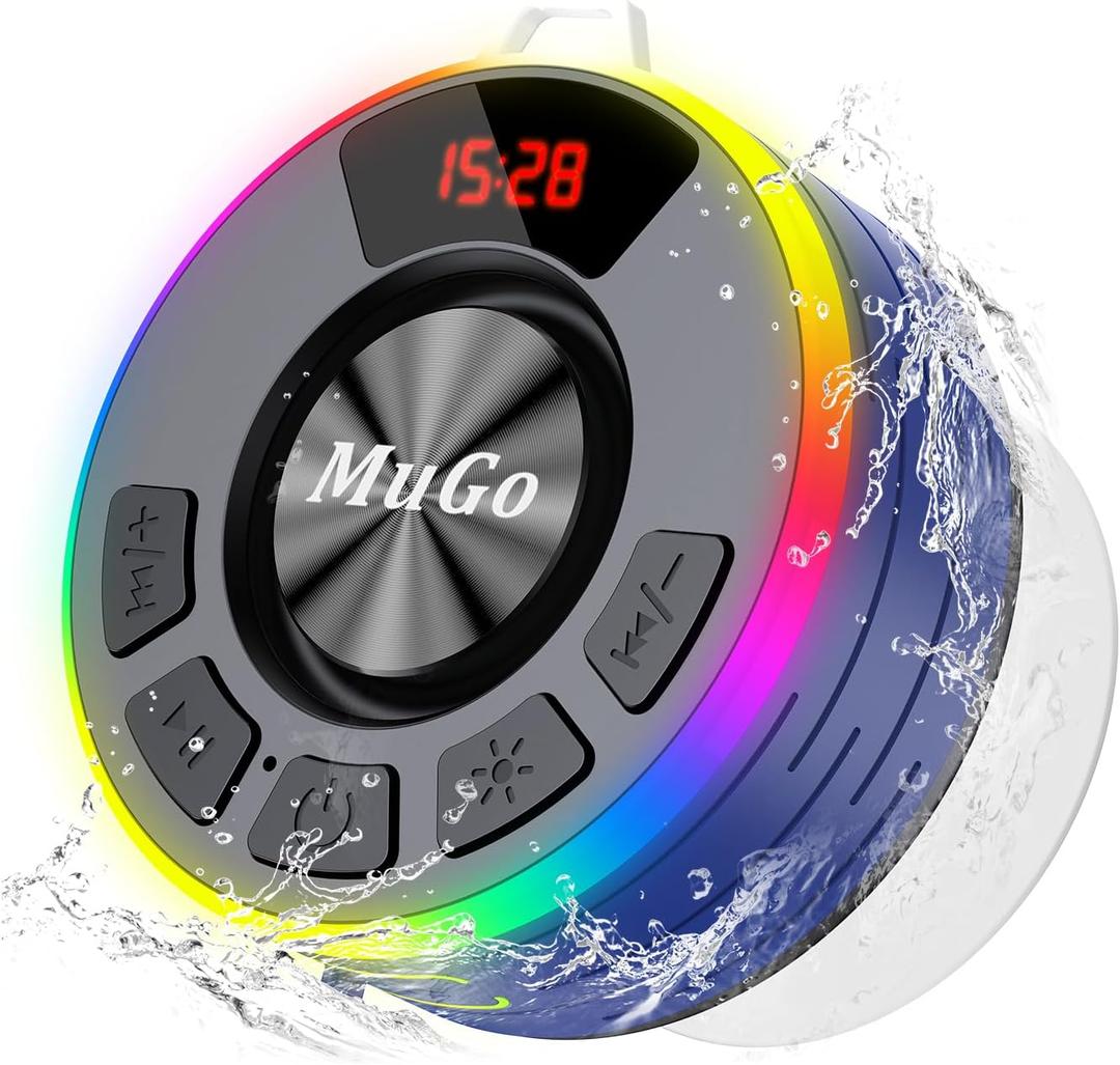 MuGo Shower Bluetooth Speaker Waterproof IPX7, 360 HD Stereo Sound Bathroom Speaker Bluetooth 5.3 with RGB Lights, Suction Cup and Microphone, Mini Shower Radio for Home/Party/Outdoor