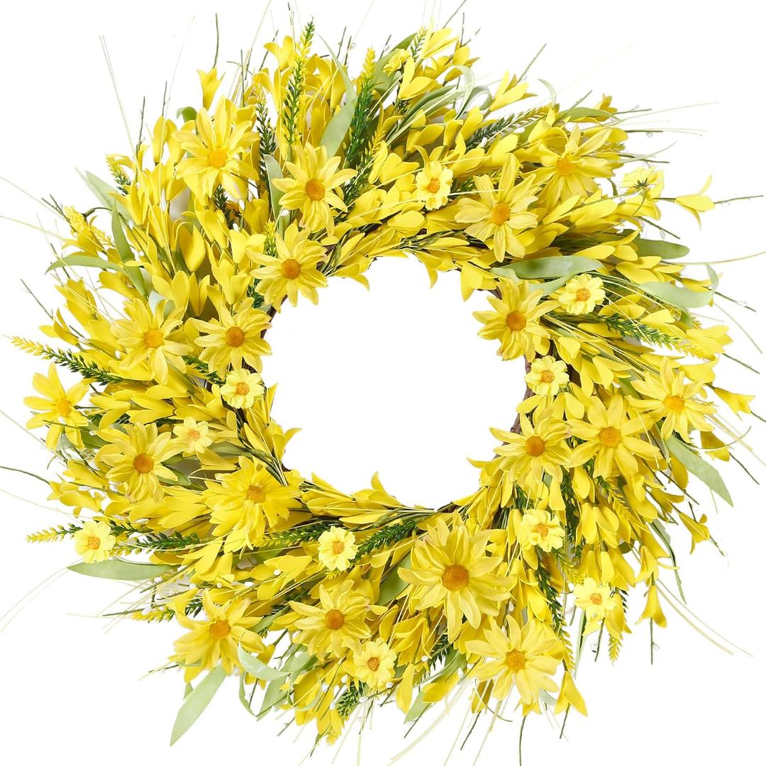 Sggvecsy Spring Wreaths for Front Door 21 Inches Artificial Forsythia Flower Wreath Summer with Yellow Daisy Lavender Green Leaves Silk Floral for Wall Home Indoor Outdoor Decor