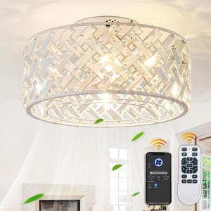 18 Inch Caged Ceiling Fans with Lights, Low Profile Ceiling Fan and Remote Fandelier Crystal Fan Light for Bedroom Living Room Dining Room Kitchen Indoor, Including Bulb (Rustic White, Crystal)