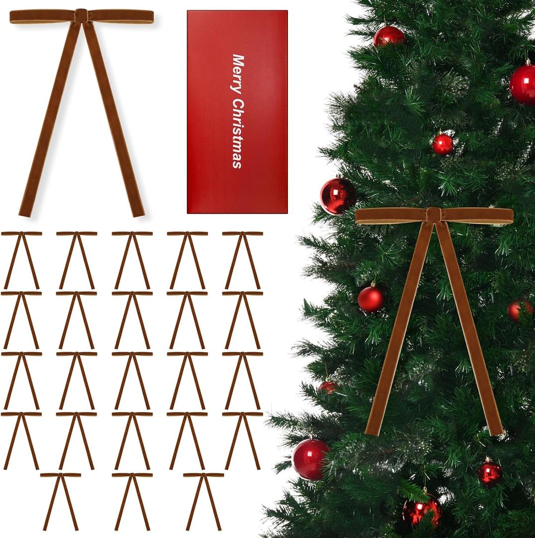 Trylook 24 PCS Velvet Christmas Tree BowsChristmas Wreath Bows,Rustic Crafts Gift Bows for Christmas Tree Indoor Outdoor Decoration(3/8'' Wide, 5 * 7 inch) (Camel)