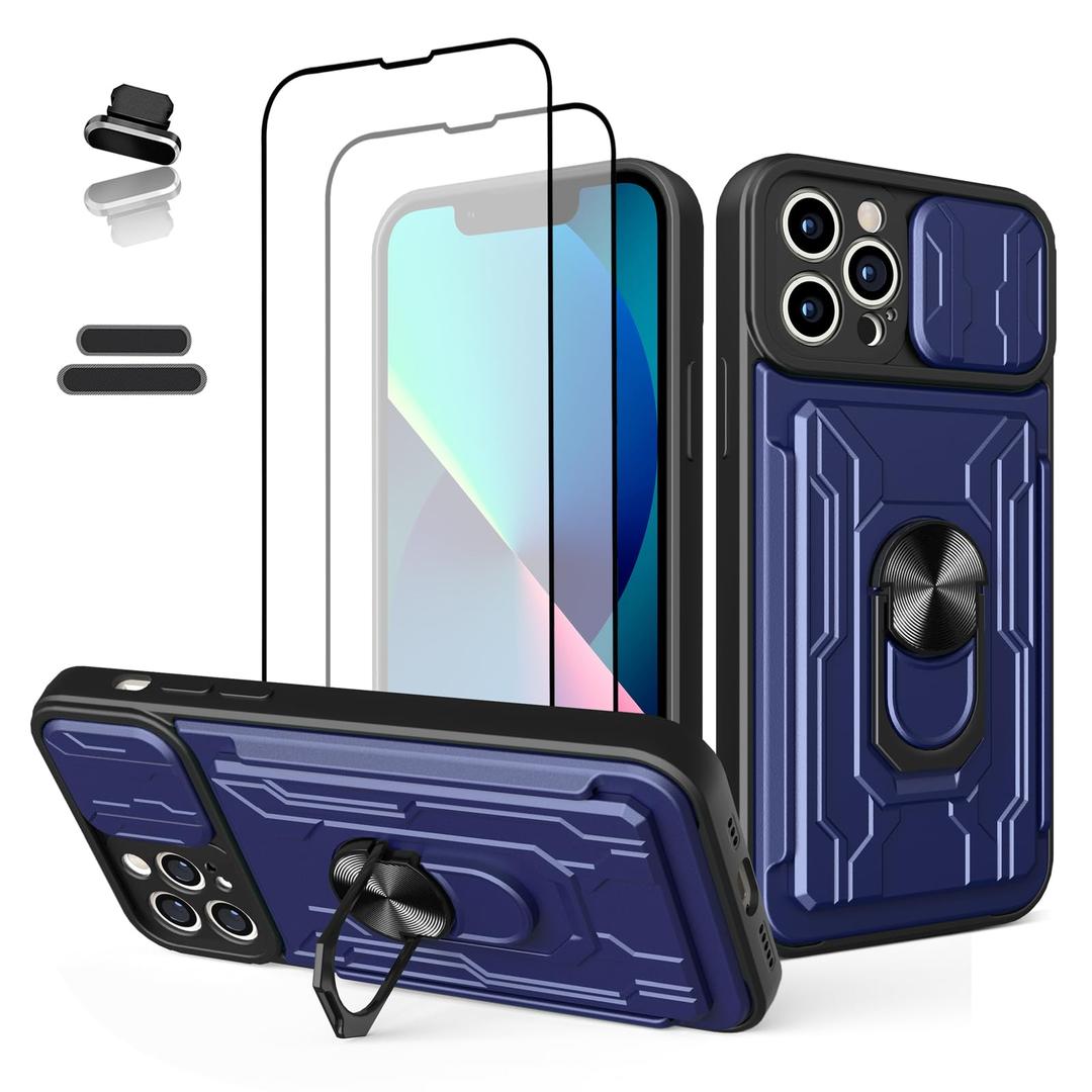 Wallet Case for iPhone 13 Pro Max, Credit Card Slot Sliding Door Hide Portable Design, Heavy Duty Double Layer Hybrid Cushioned Rubber Bumper Protection Suitable for 6.7 Inches Blue