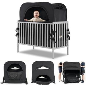Poray Pop up Baby Privacy Bed Tent Sleeping Crib Tent Cover for Toddler,Blocks 80% Light with Monitor and Fan Pouch Design with Zipper Doors,Breathable Mesh Windows (Black) (52 * 28.3 * 51 inches)