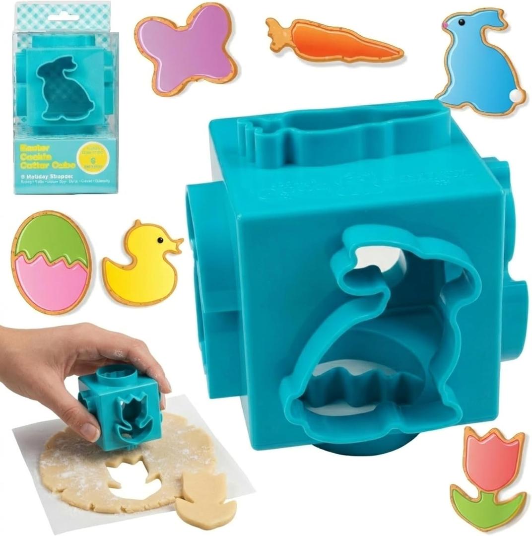 6-in-1 Easter Cookie Cutter Set- Bunny, Duck, Egg, Carrot, Flower & Butterfly Shapes- 3 Inch Cube w Space Saving Design, Biscuit Mold for Holiday Baking- Dishwasher Safe Kid Easter Basket Stuffer Gift