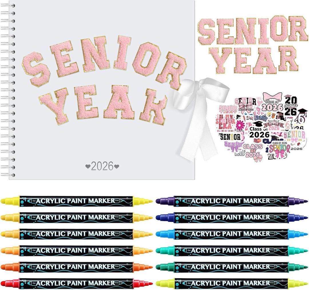Tenceur Senior Scrapbook 2026 Kit DIY Senior Year Memory Book Gift Set Paper Scrapbook Decoration with Double-Ended Marker Self-Adhesive Chenille Letter Stickers for First Day of School 12x12''(Pink)