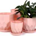 Plastic Flower Pots, 8.3/7.1/5.9/4.3 inch Nursery Plant Pot with Drainage Holes and Hole Mesh Pad and Saucers Tray for Indoor Garden Plants, Succulent, Orchid and Cactus,Pink, White