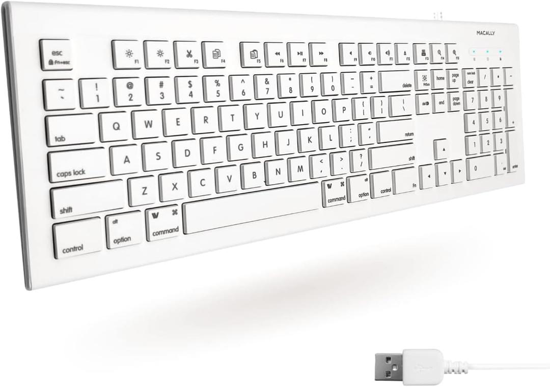 Macally Full Size USB Wired Keyboard for Mac and PC - Plug & Play Wired Computer Keyboard - Compatible Apple Keyboard with 15 Shortcut Keys for Easy Controls & Navigation of Macbook Pro/Air, iMac