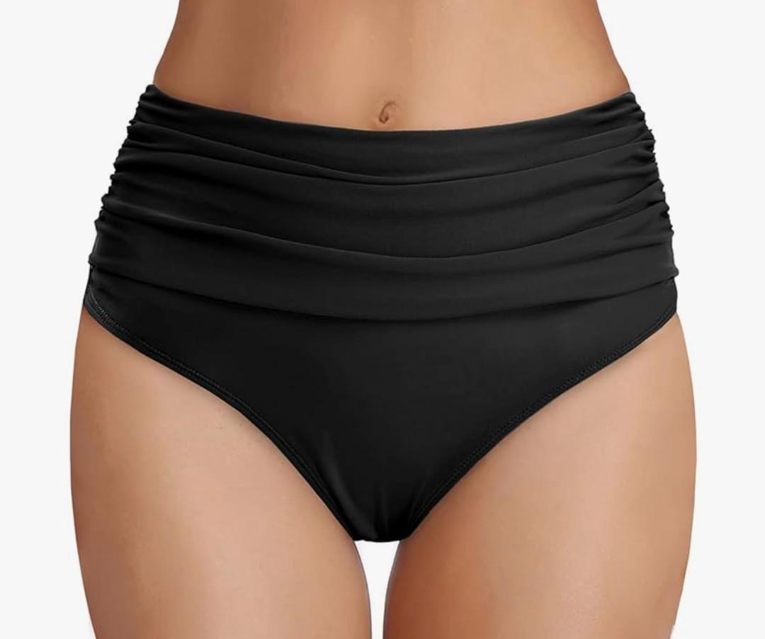 Tempt Me Women's High Waisted Bikini Bottom Tummy Control Ruched Bathing Suit Swim Bottom, Large, Black