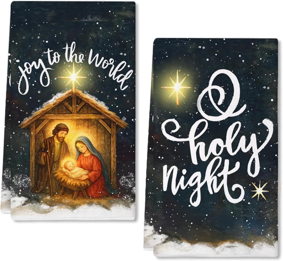 ARKENY Jesus Christmas Kitchen Towels Set of 2,Holy Night Xmas Dish Towels 18x26 Inch Drying Dishcloth,Farmhouse Nobel Home Decoration AD399