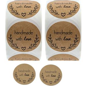 1000PCS Handmade with Love Stickers - 1 Inch Small Round Brown Floral Heart Baking Stickers for Baked Goods Packaging, Envelope Seals, Small Business, Wedding, Birthday Gift Wrap