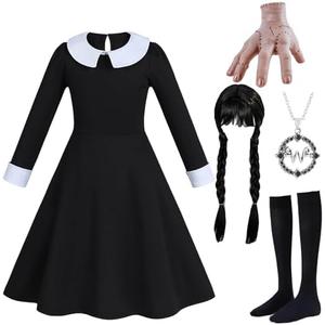 Yuiui 6pcs Girls Halloween Costume Girls Black Dress Long Sleeve with Wig Necklace Sock, 120