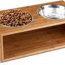 Flexzion Elevated Dog Bowl Stand Raised Dog Bowl Holder Pet Feeding Station Dish Riser 14 Oz 4.7-Inch Tall Food and Water Platform Stainless Steel Raised Food Bowl for Dogs and Cats with Wooden Stand