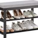 Apicizon 3-Tier Shoe Rack for Entryway, Bamboo Shoe Bench with Cushion Padded Seat, Small Shoe Organizer with Storage for Indoor Entrance Hallway Bedroom Living Room, Black (27.6 Inches With Cushion)