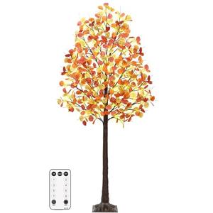 Remon 5FT Lighted Fall Tree - Artificial Fall Light Up Eucalyptus Tree with 130 Lights, 390 Leaves, Remote 8 Flashing Modes, Timing for Thanksgiving Autumn Harvest Indoor Outdoor Decorations