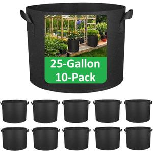 25-Gallon Grow Bags, (10 Pack) Thickened Aeration Fabric Growing Pots Planters with Handles for Planting Vegetables Plants, Black