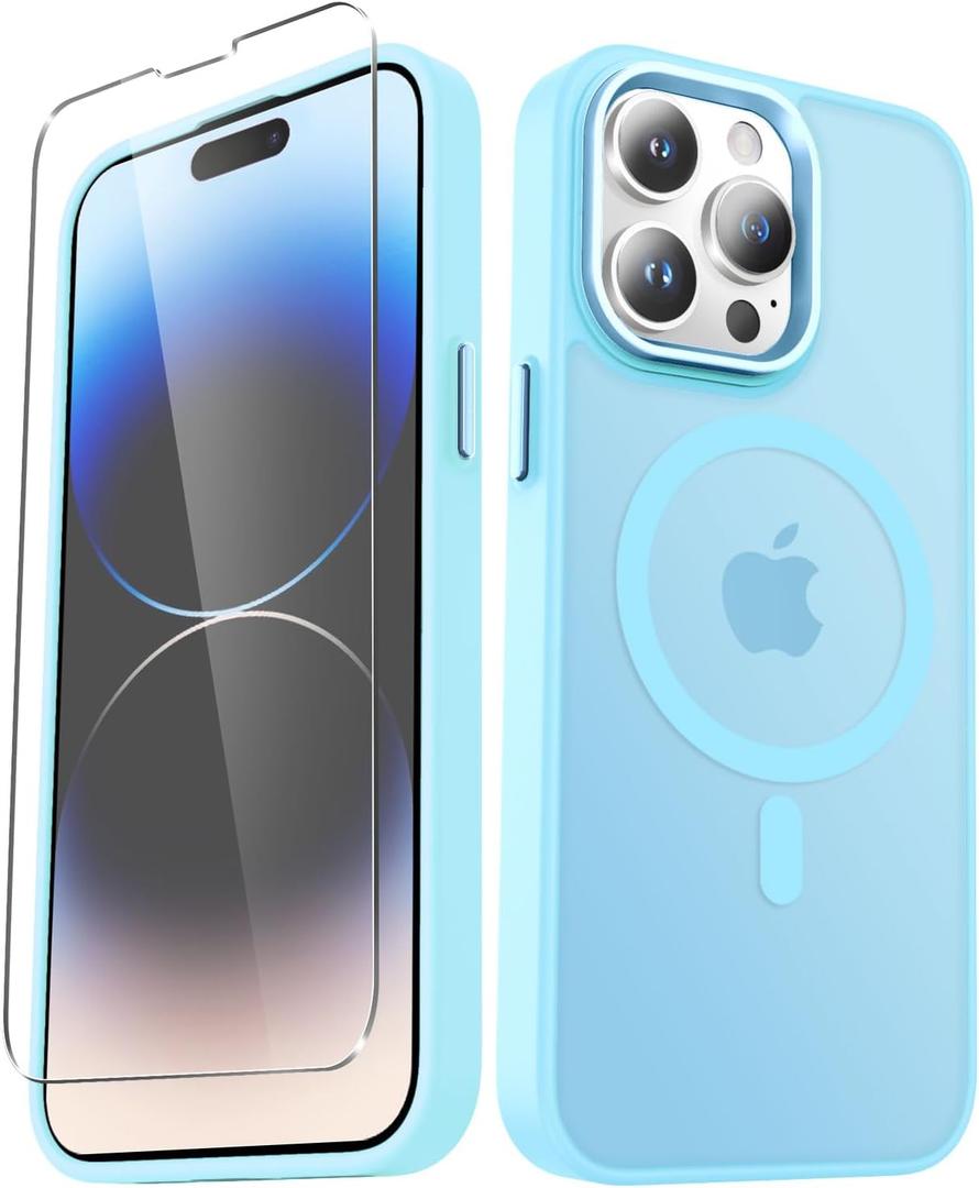 YENAPOON for iPhone 14 Pro Case, Matte Magnetic Phone Case with 1 Screen Protector, Support for Magsafe, Translucent Frosted Slim Shockproof Protective Cover for iPhone 14 Pro 6.1 inch, Light Blue