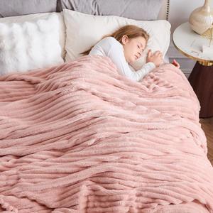 NEWCOSPLAY Super Soft Queen Blanket Pink Premium Silky Flannel Fleece 3D Ribbed Jacquard Lightweight Bed Blanket All Season Use (Pink Ribbed, Queen(90"x90"))