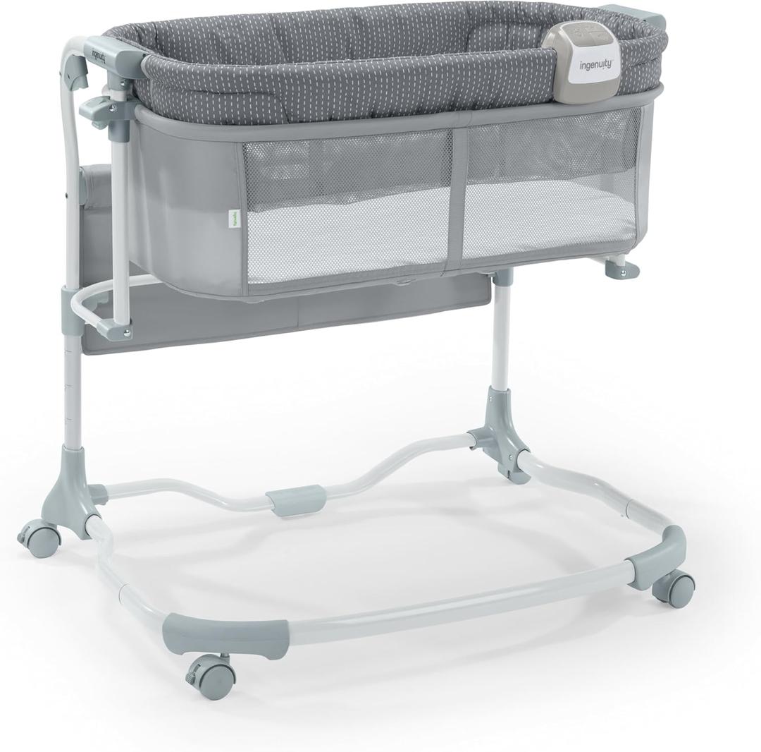 Ingenuity Dream & Grow Bedside Baby Bassinet with AirLoom Mattress, for Ages 0-12 Months, Adjustable Height - Handstitch (Grey)