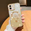 NITITOP Compatible with iPhone 12 Case Cute Clear Glitter [Compatible for MagSafe] Plating Heart Sparkle Bling Magnetic Girl Women Electroplated Frame Camera Protection Back Cover - Gold